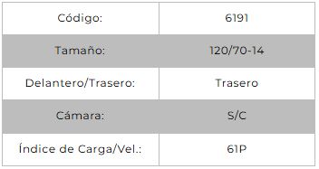 Llanta para moto 120/70-14 (TL) Tipo Tubular Modelo SPORT R Marca Technic Brasil