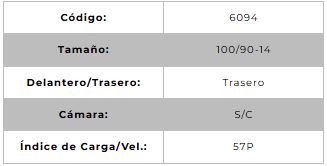 Llanta para moto 100/90-14 (TL) Tipo Tubular Modelo SPORT R Marca Technic Brasil