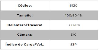 Llanta para moto 100/80-18 (TL) Tipo Tubular Modelo SPORT R Marca Technic Brasil