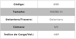 Llanta para moto 100/80-14 (TL) Tipo Tubular Modelo SPORT R Marca Technic Brasil